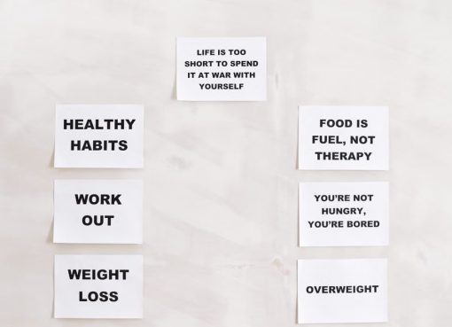 Minimalist display of motivational health and wellness quotes emphasizing healthy habits and weight management.